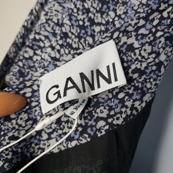 NWT GANNI Sz 36 Georgette Wrap Dress in Phantom Floral Maxi Sheer, Blue (1459) - Picture 6 of 6